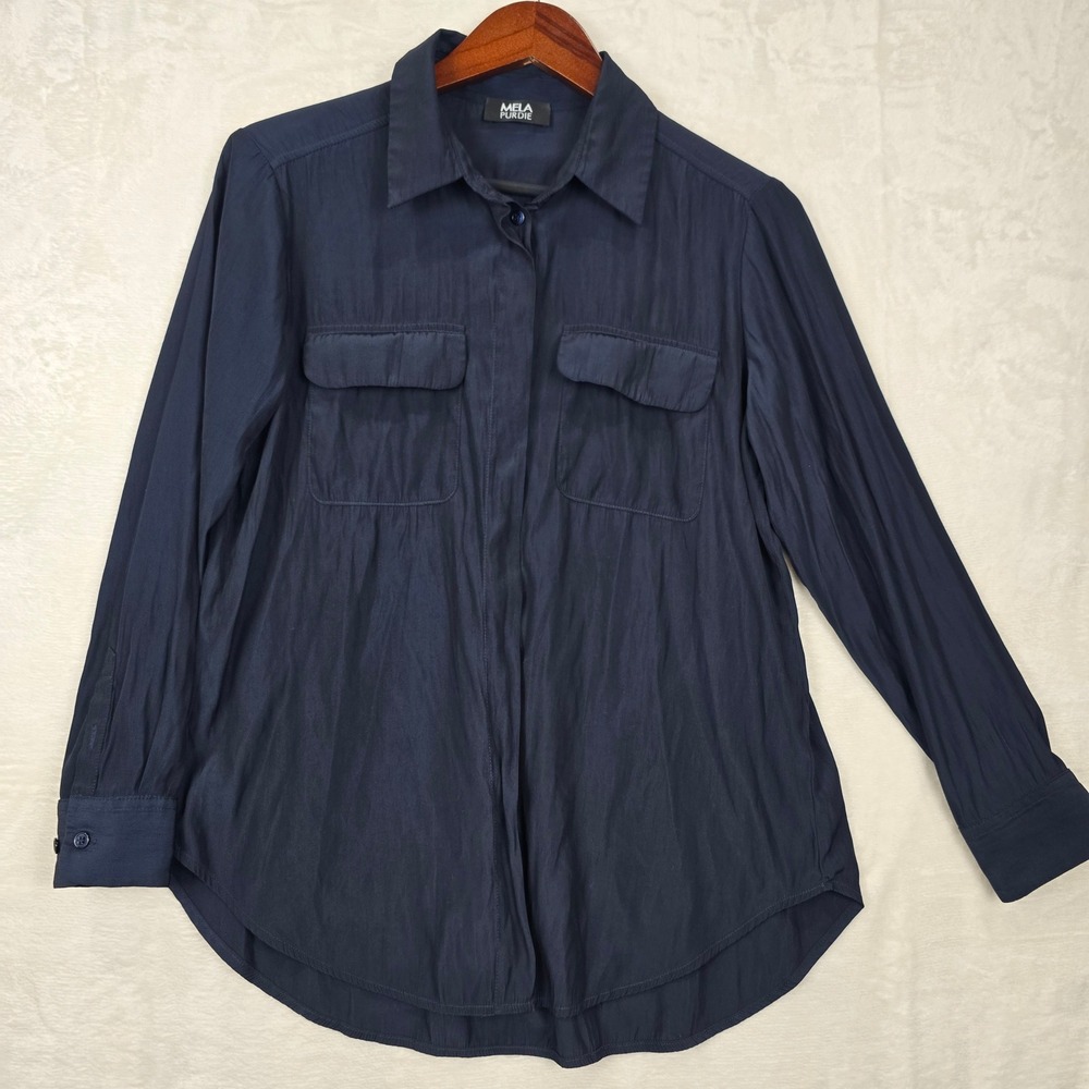 Mela Purdie Navy Blue Technical Polyester Utility Button‎ Down Shirt Blouse XS